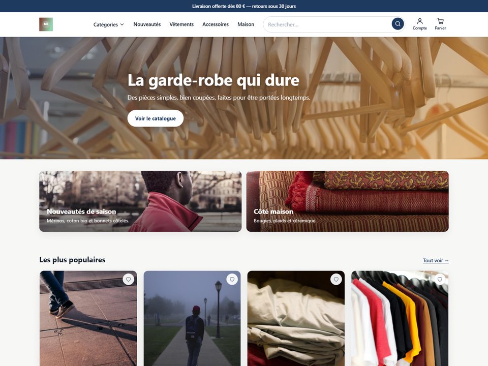 Page d'accueil de la boutique en ligne de démonstration Maison Lumen