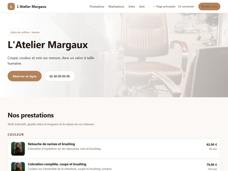 Page d'accueil du salon de coiffure de démonstration L'Atelier Margaux