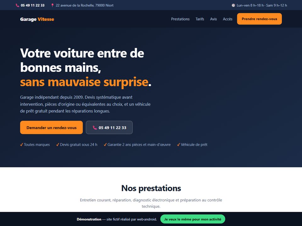 Page d'accueil du site vitrine de démonstration Garage Vitesse
