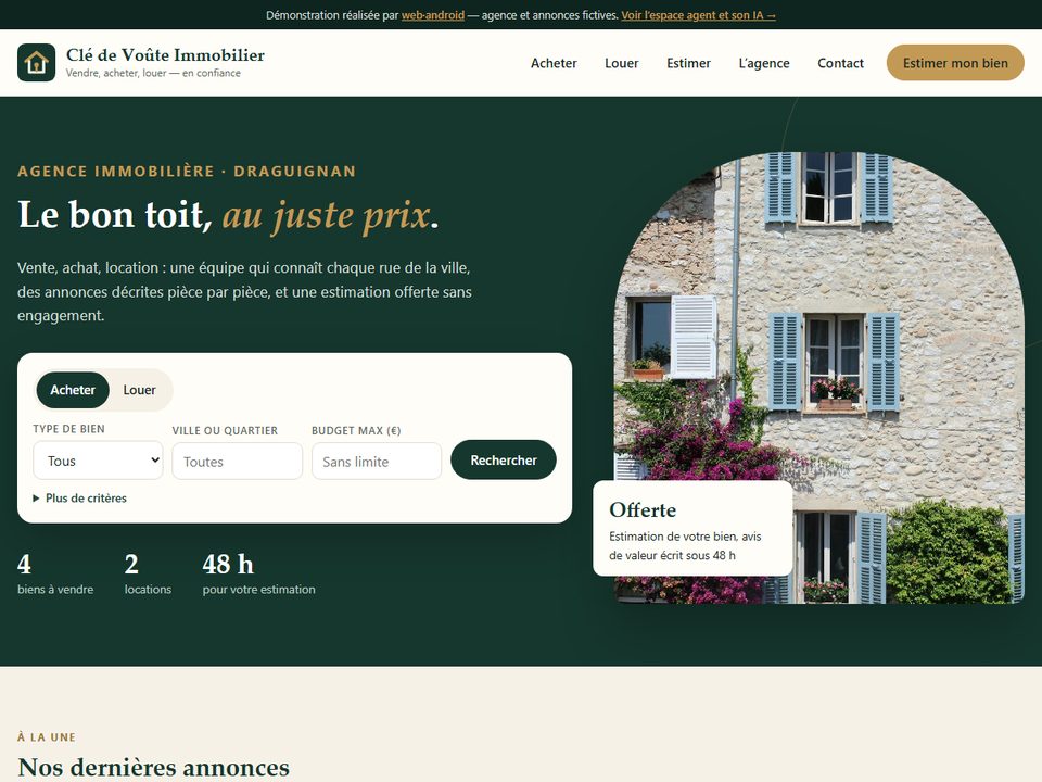 Page d'accueil de l'agence immobilière de démonstration Clé de Voûte Immobilier