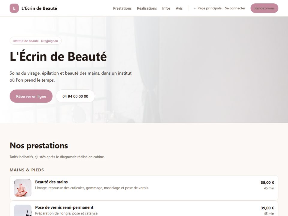 Page d'accueil de l'institut de beauté de démonstration L'Écrin de Beauté